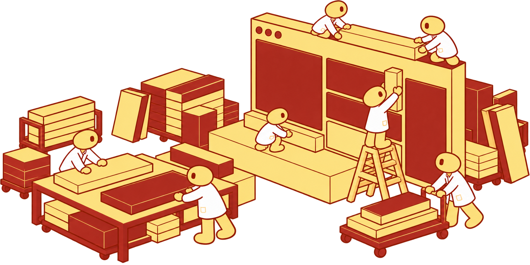 Agents building a shared screen together in a workshop with benches, ladders and parts